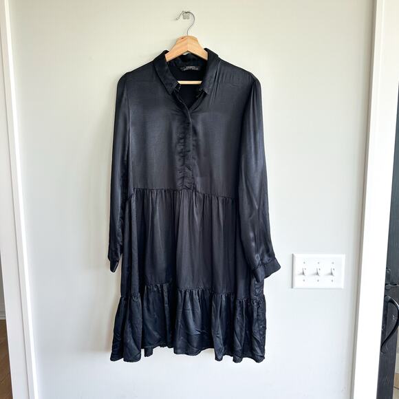 Zara Button Up Satin Tiered Dress Black L - Picture 1 of 10